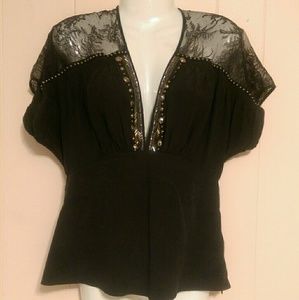 Nanette Lapore Black, Silk, Beaded, Lace Top